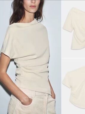 Zara Cream Asymmetric Draped Short Sleeve Top
